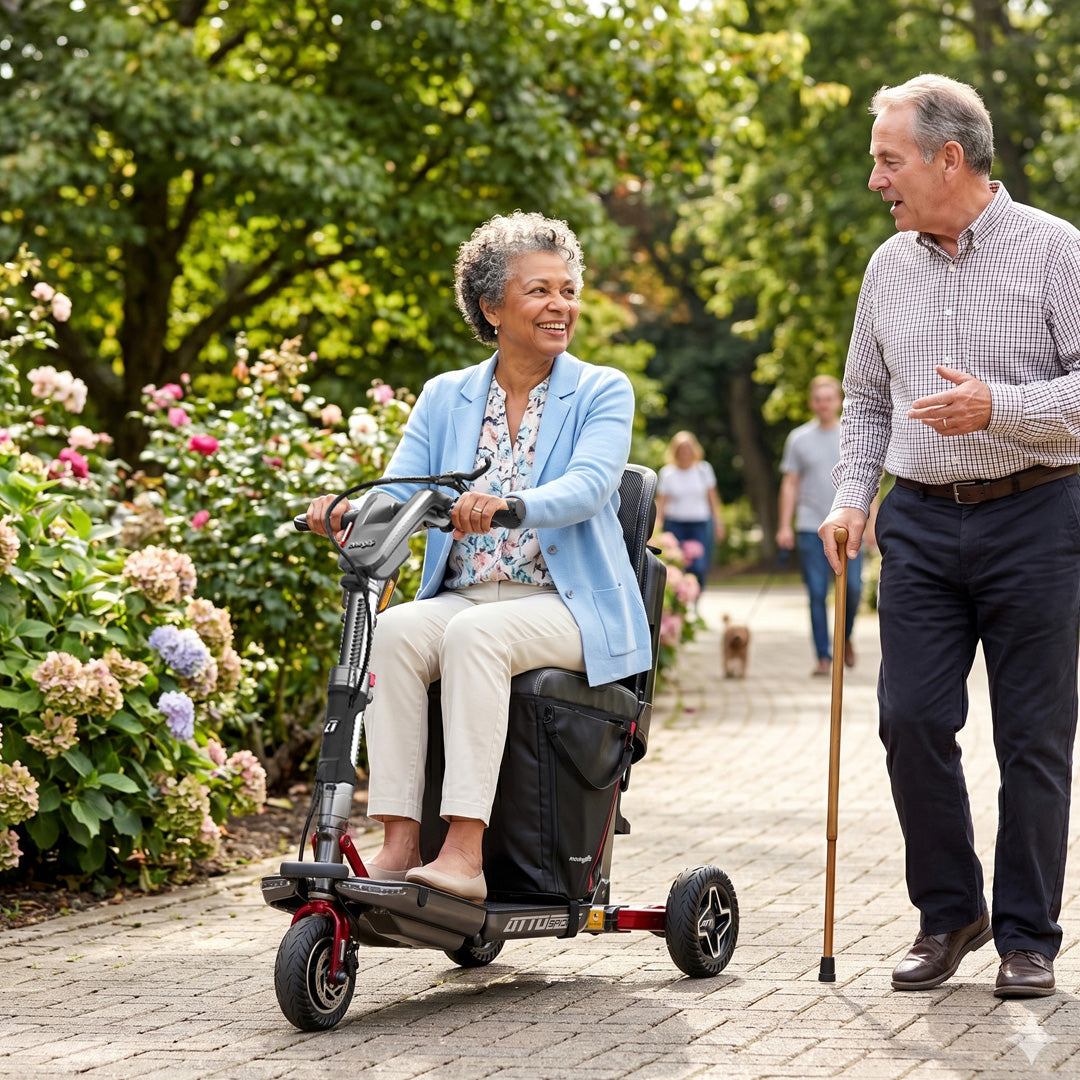Ein Senior fährt mit dem ATTO Elektromobil selbstbewusst durch die Stadt